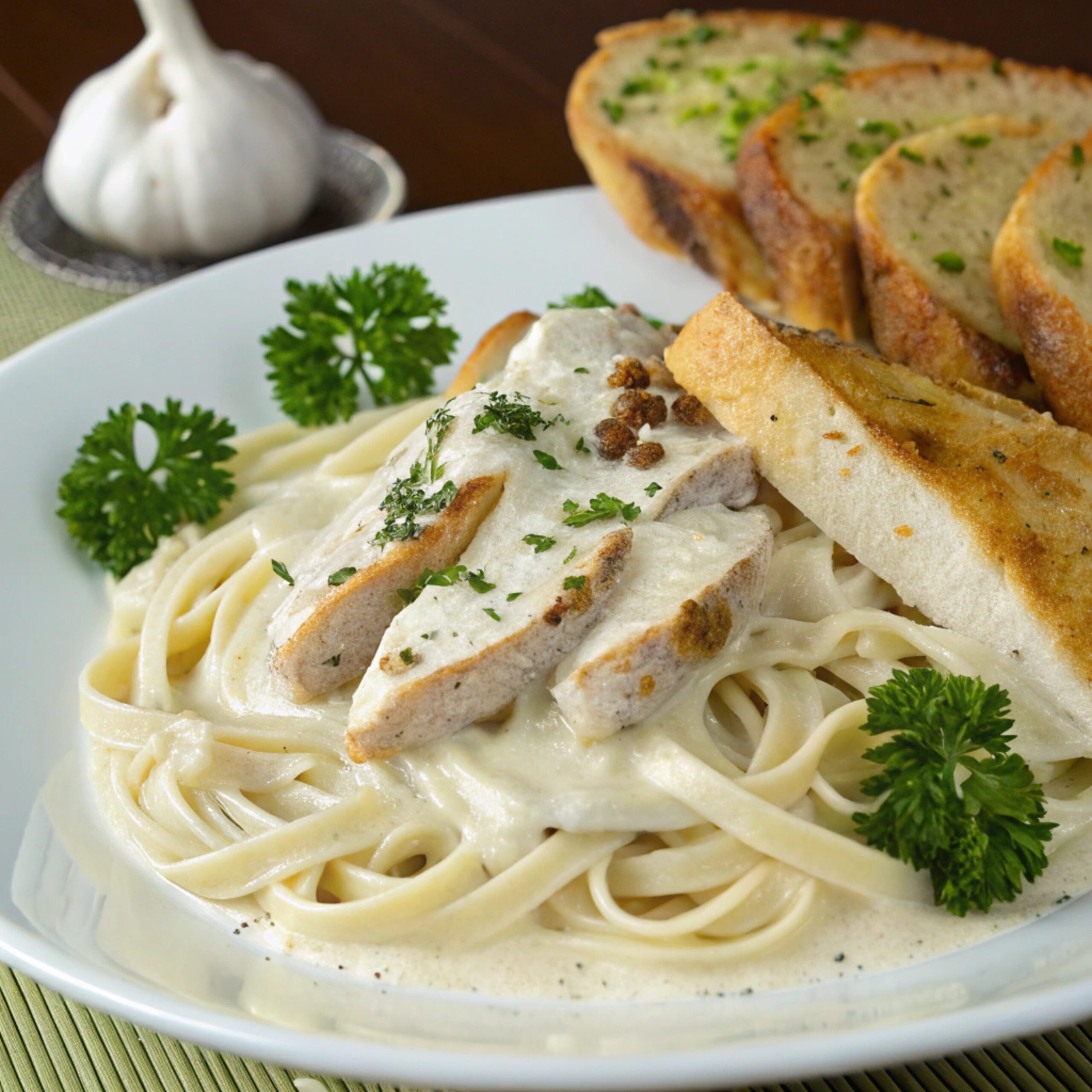 A plate of creamy Alfredo Chicken garnished with Parmesan cheese, accompanied by slices of crusty bread for dipping.