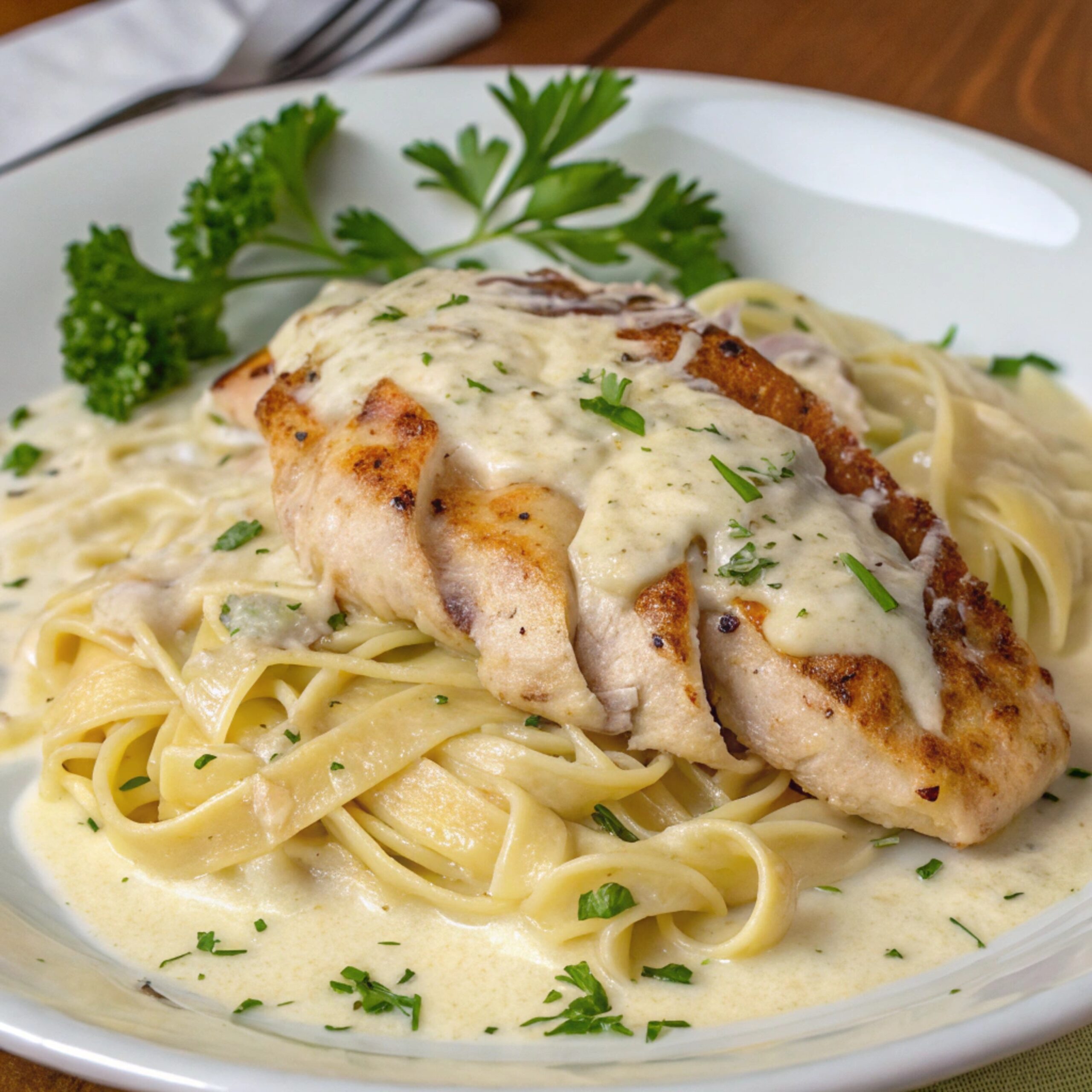 A plated serving of Alfredo Chicken topped with freshly grated Parmesan cheese and garnished with parsley, showcasing tender chicken slices, creamy sauce, and Parmesan shavings.