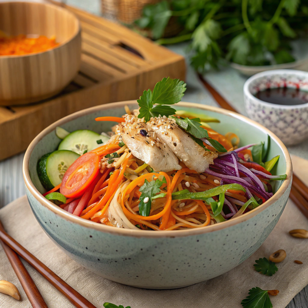 A colorful bowl of pasta salad with fresh vegetables, herbs, and a light dressing – perfect for any occasion.