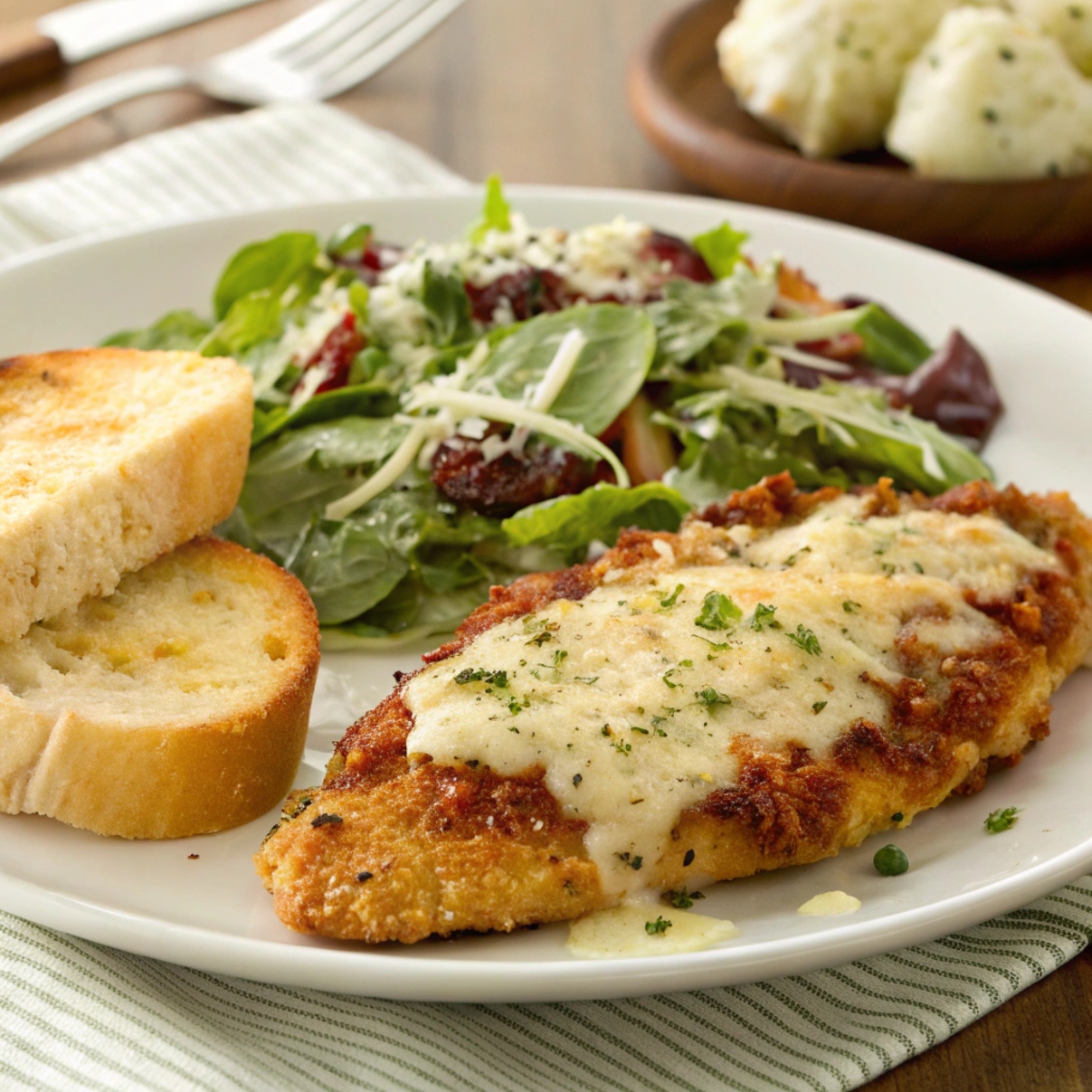 Baked Parmesan chicken served with a fresh side salad and garlic bread