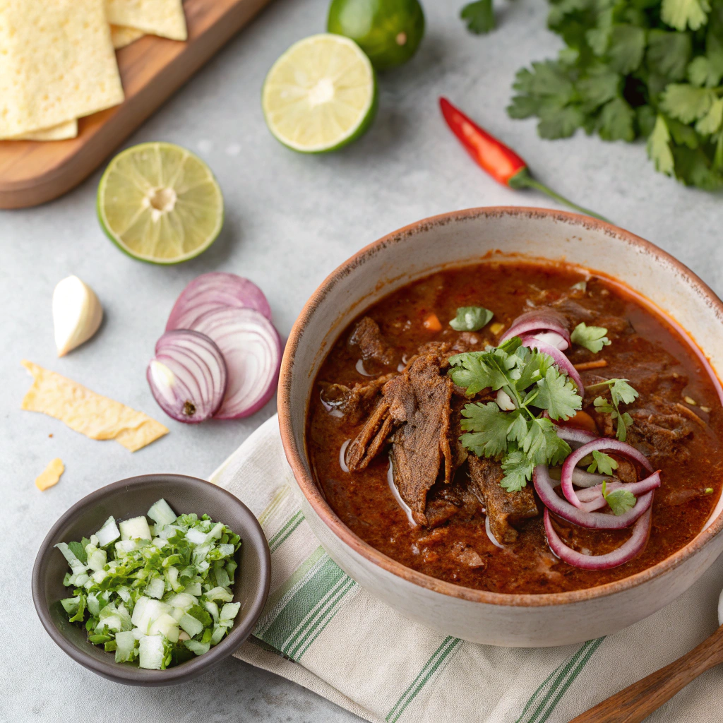 A steaming bowl of authentic birria recipe with tender shredded meat, rich red broth, and fresh cilantro, served with warm tortillas.