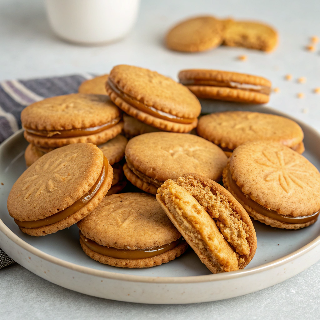 Homemade Biscoff cookies with a golden caramelized crunch, served with a cup of coffee.