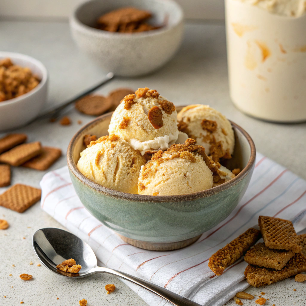 Homemade Biscoff cookies with a golden caramelized crunch, served with a cup of coffee.
