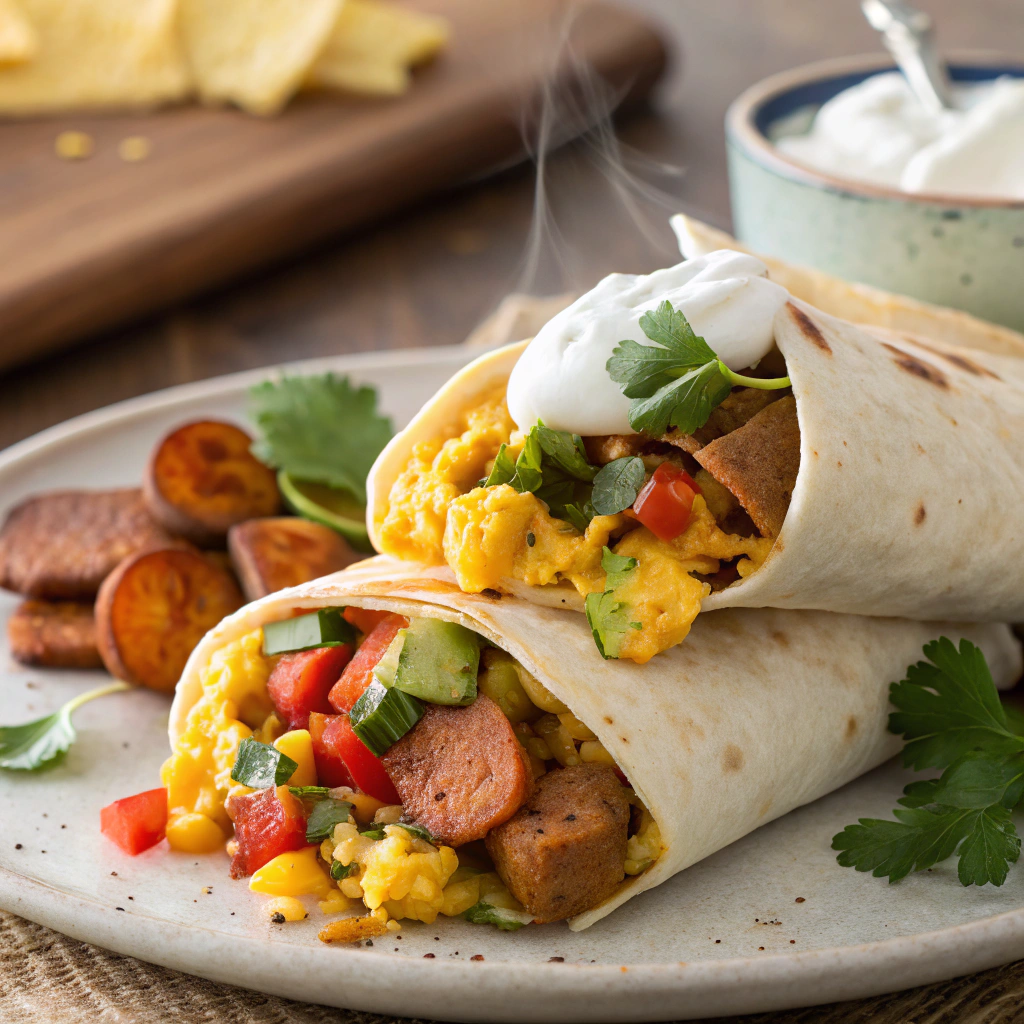 A close-up of a freshly sliced breakfast burrito, revealing layers of scrambled eggs, cheese, meat, and vegetables inside a toasted tortilla.
