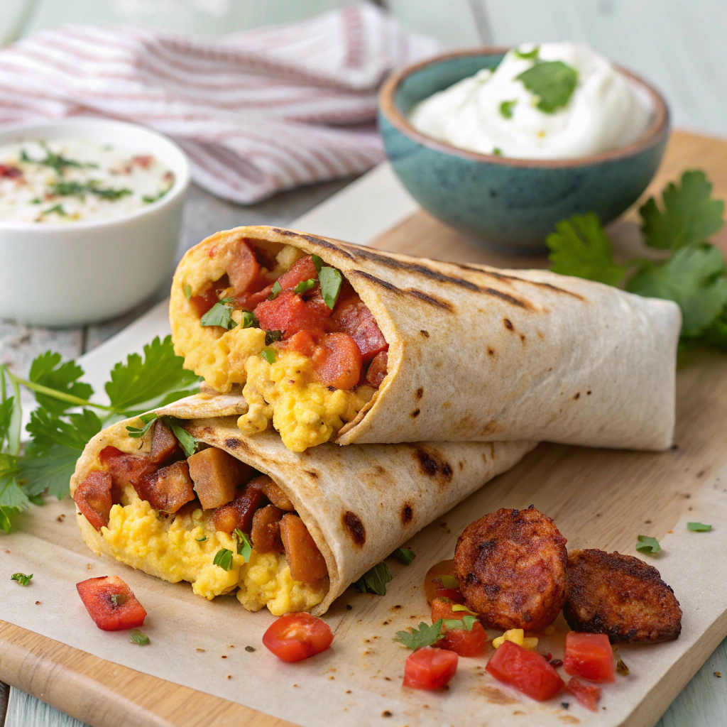 A colorful breakfast burrito filled with scrambled eggs, cheese, sausage, and vegetables, wrapped in a warm tortilla.