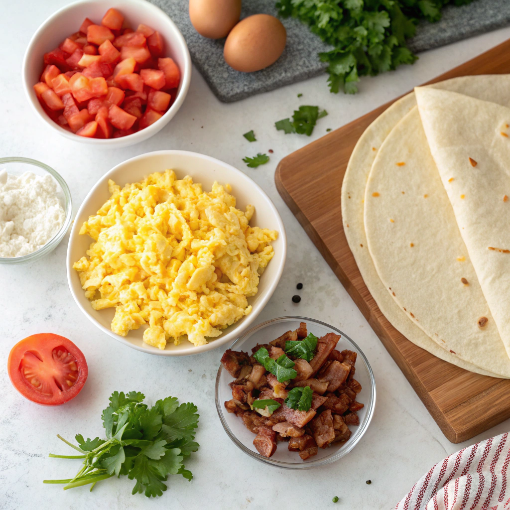 A flat lay of ingredients for making a breakfast burrito, including eggs, cooked sausage, shredded cheese, chopped vegetables, tortillas, and garnish like herbs.