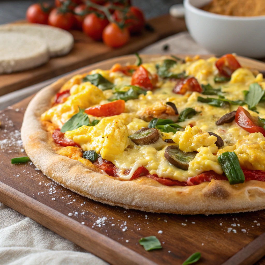 A freshly baked breakfast pizza topped with eggs, cheese, vegetables, and bacon on a baking sheet.