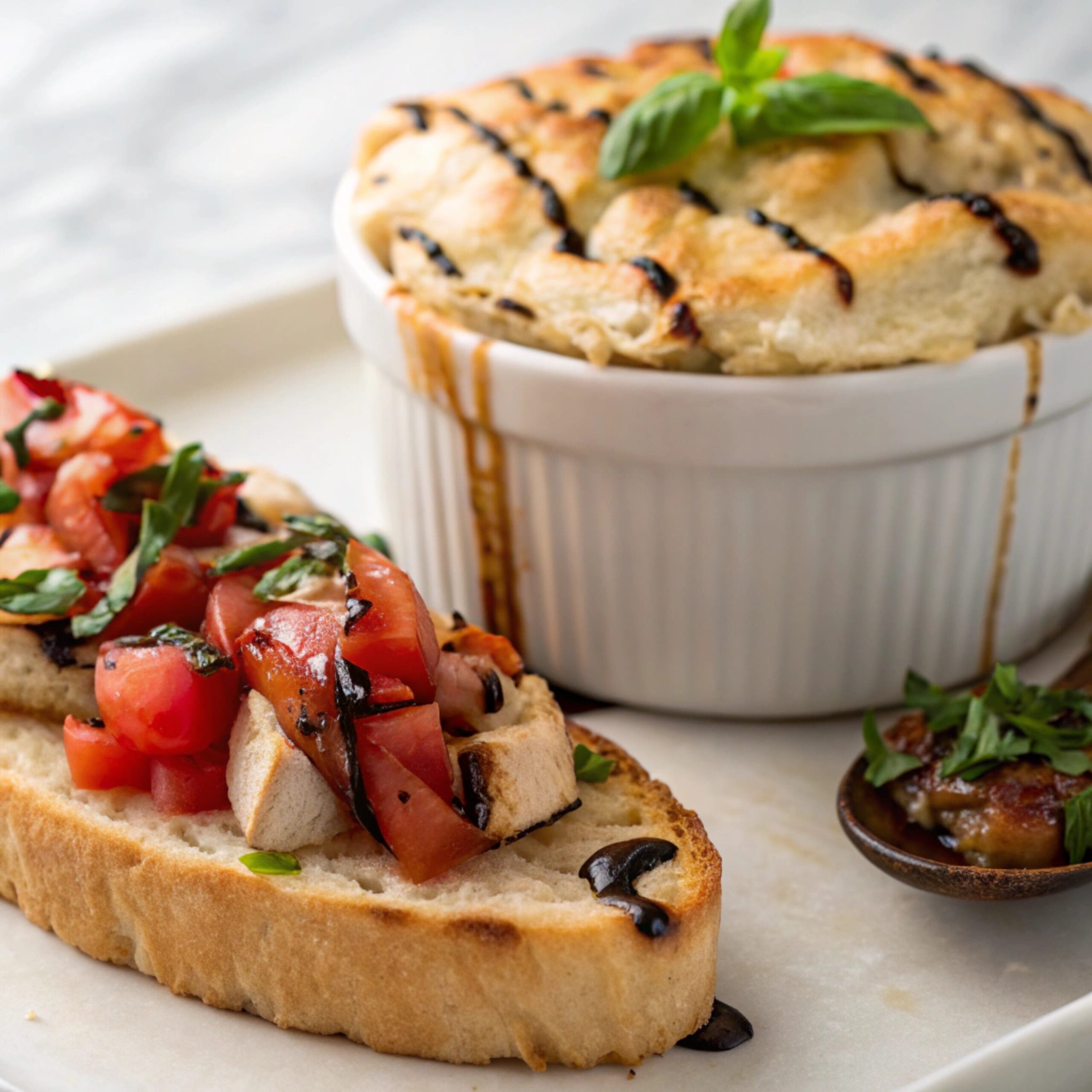 "Crispy toasted bread topped with fresh diced tomatoes, basil, garlic, and olive oil, served as a side dish"