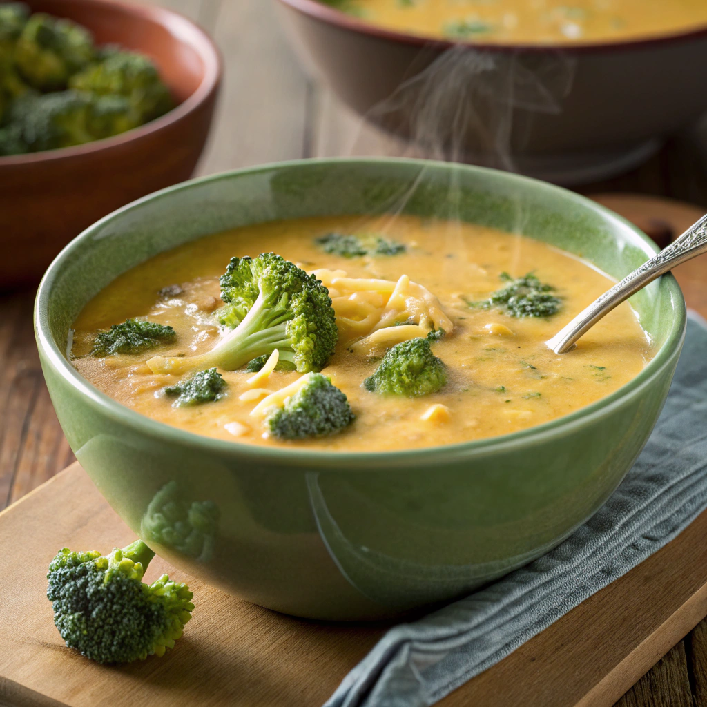 A warm bowl of Broccoli Cheddar Soup garnished with fresh herbs.