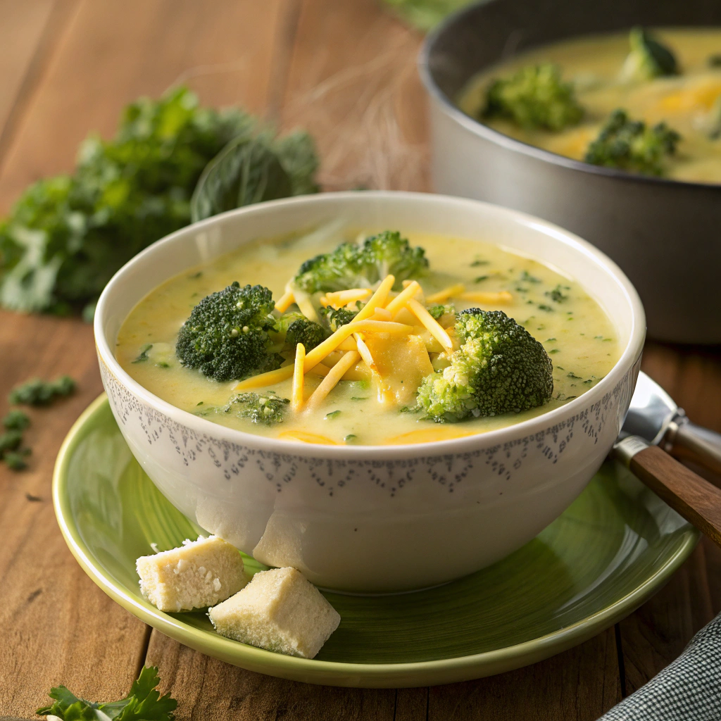 A steaming bowl of homemade Broccoli Cheddar Soup served with crusty bread.