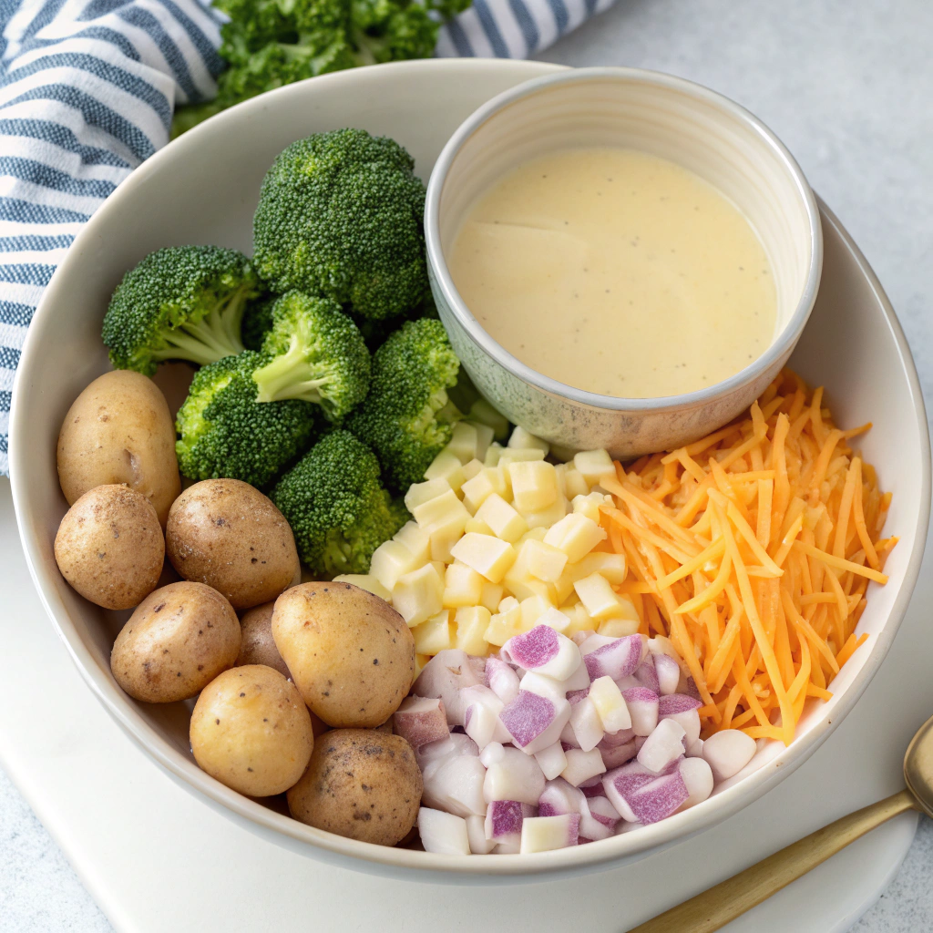 Ingredients for Broccoli Cheddar Soup including broccoli, cheese, and cream.