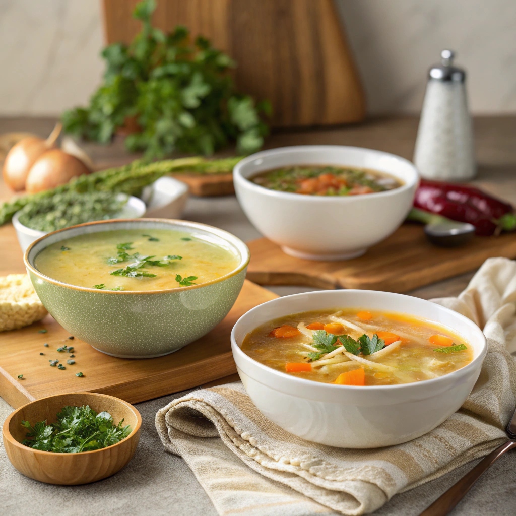  healthy soup variations in colorful bowls, showcasing nourishing ingredients and vibrant flavors.