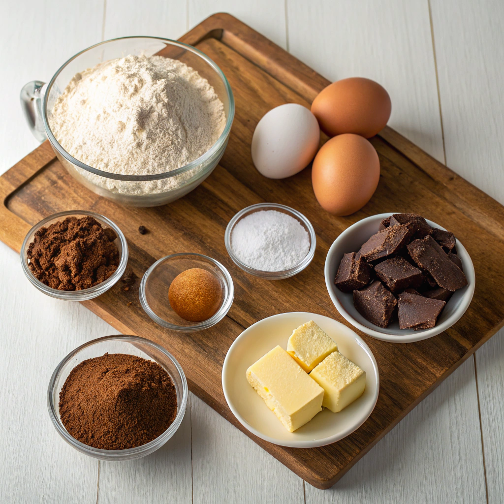 Arrangement of ingredients for brownies including butter, sugar, eggs, cocoa powder, flour, salt, and vanilla extract