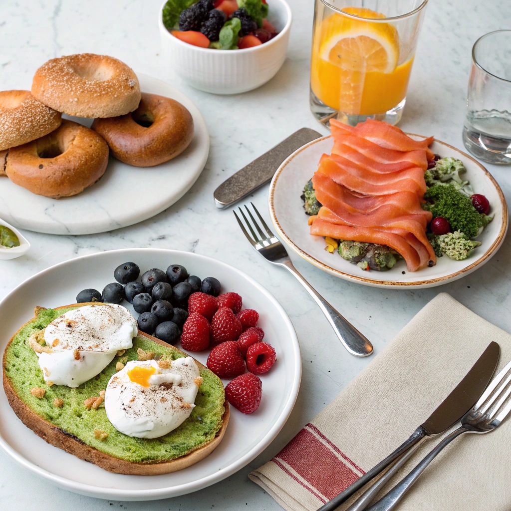 A colorful assortment of brunch dishes including pancakes, eggs, fruit, and beverages displayed on a table.