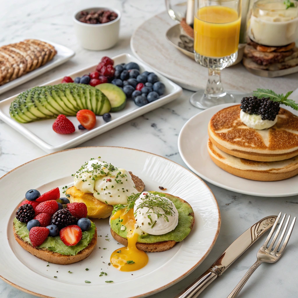 A beautifully styled table featuring an assortment of brunch favorites including bagels, avocado toast, fruit bowls, and colorful beverages.