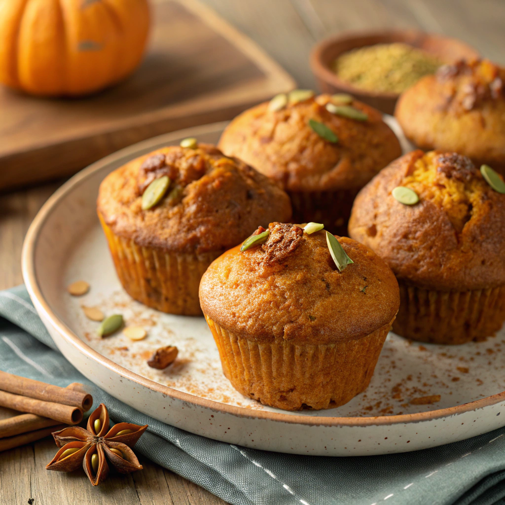 Golden-brown butternut squash muffins arranged on a plate with a crumbly topping.