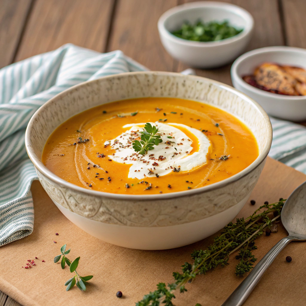 Creamy butternut squash soup in a bowl with a drizzle of coconut milk