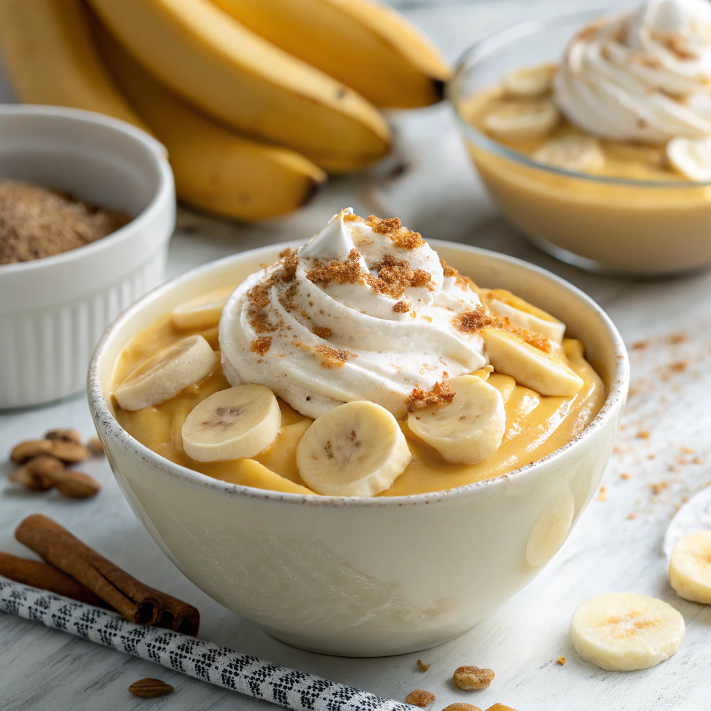 Delicious and creamyBanana Pudding Variations in layers with sliced bananas and whipped cream.