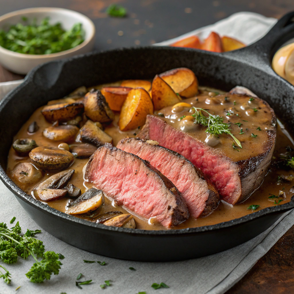 Juicy Steak with Mushroom Sauce served on a white plate with fresh herbs