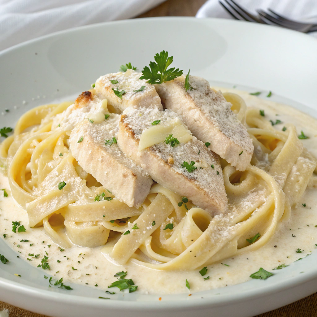 A serving of Chicken Alfredo featuring tender chicken slices, creamy Alfredo sauce, and cooked pasta garnished with fresh parsley.