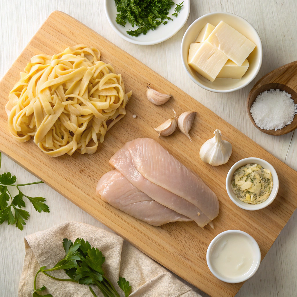 A display of ingredients for Chicken Alfredo, including raw chicken breasts, fettuccine, butter, heavy cream, Parmesan cheese, garlic, olive oil, salt, pepper, and Italian seasoning.