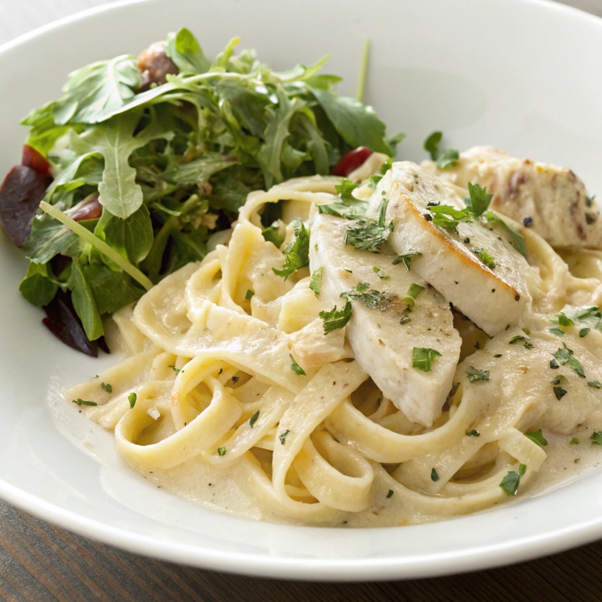Creamy chicken Alfredo recipe pasta served with a crisp Caesar salad and lemon vinaigrette