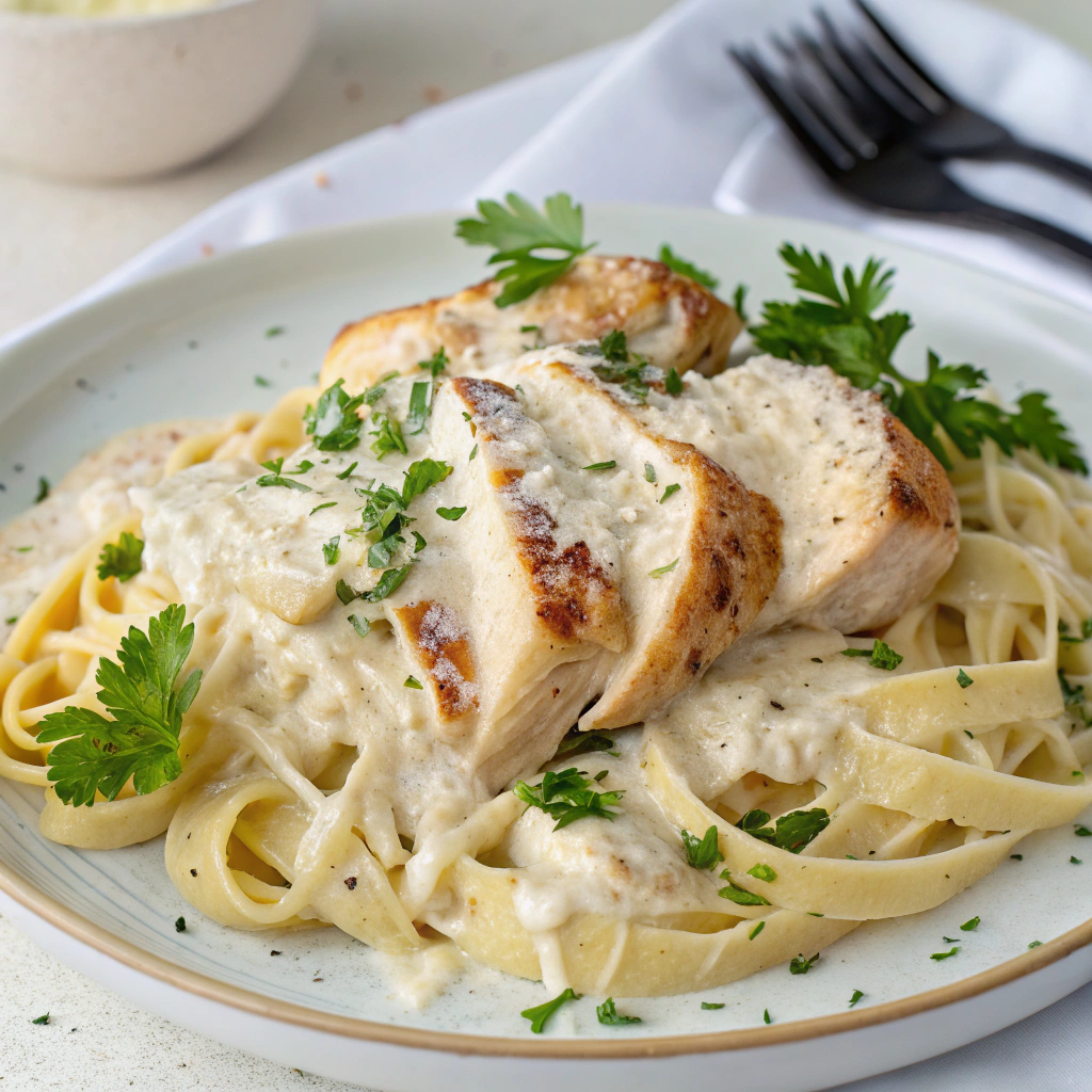 Creamy Chicken Alfredo Recipe with fettuccine pasta, grilled chicken, and fresh Parmesan, served on a white plate.