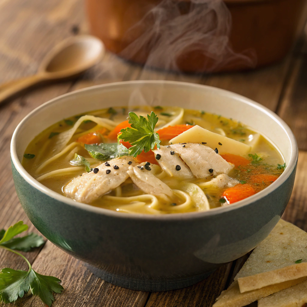 Close-up of a steaming bowl of chicken noodle soup with visible pieces of chicken, carrots, and noodles, garnished with fresh herbs.