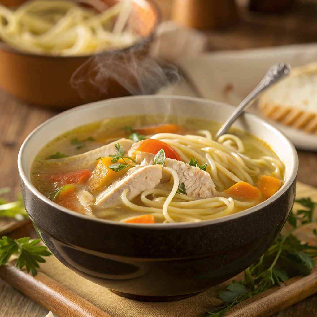 "Bowl of homemade chicken noodle soup with carrots and egg noodles"