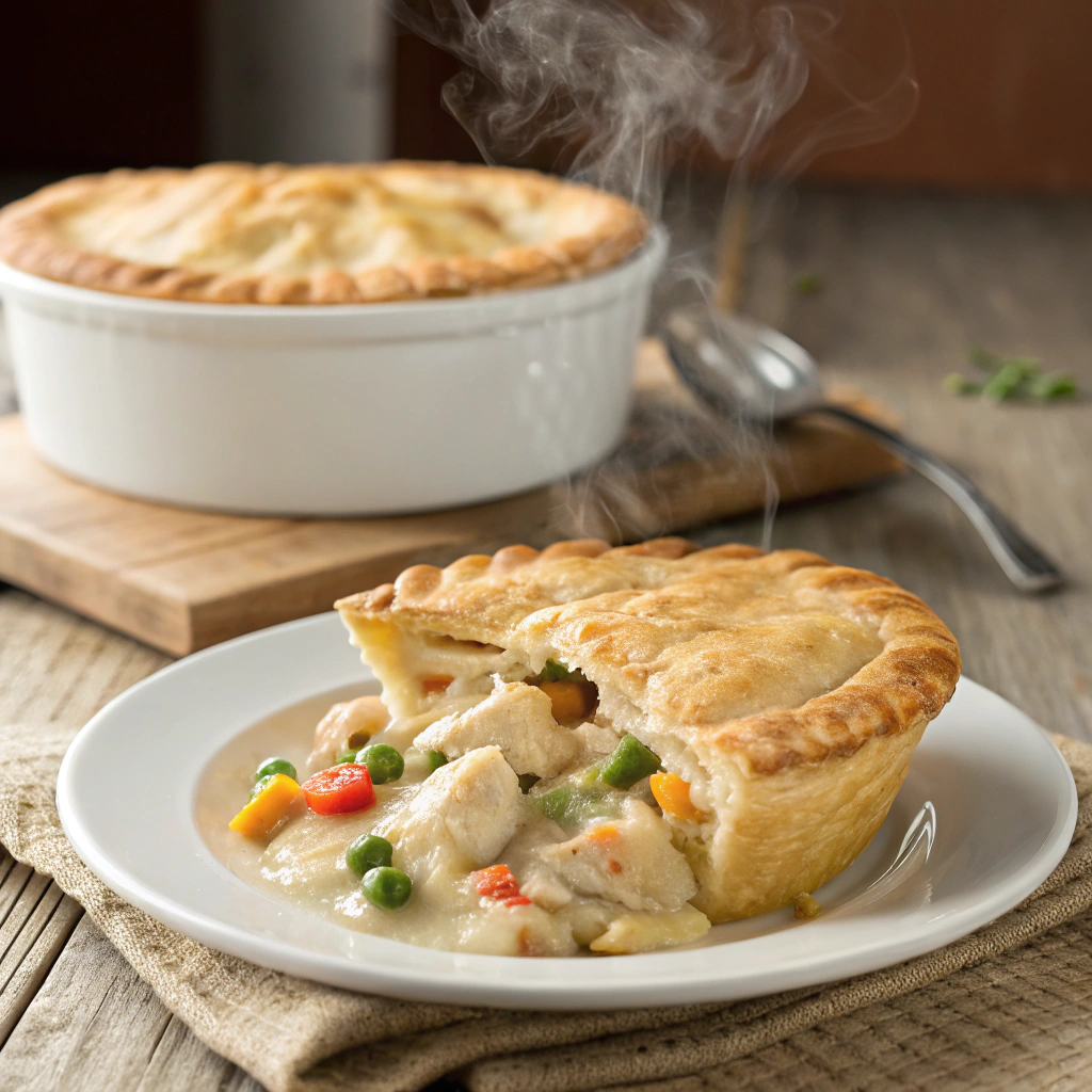 "Golden, flaky chicken pot pie with creamy filling and vegetables"