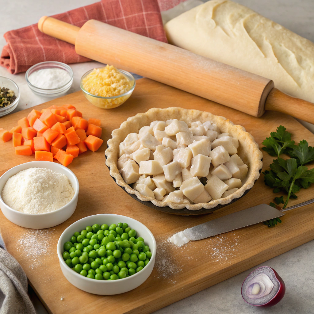 "Ingredients for chicken pot pie laid out on a countertop, including cooked chicken, vegetables, pie crust, flour, butter, and herbs"