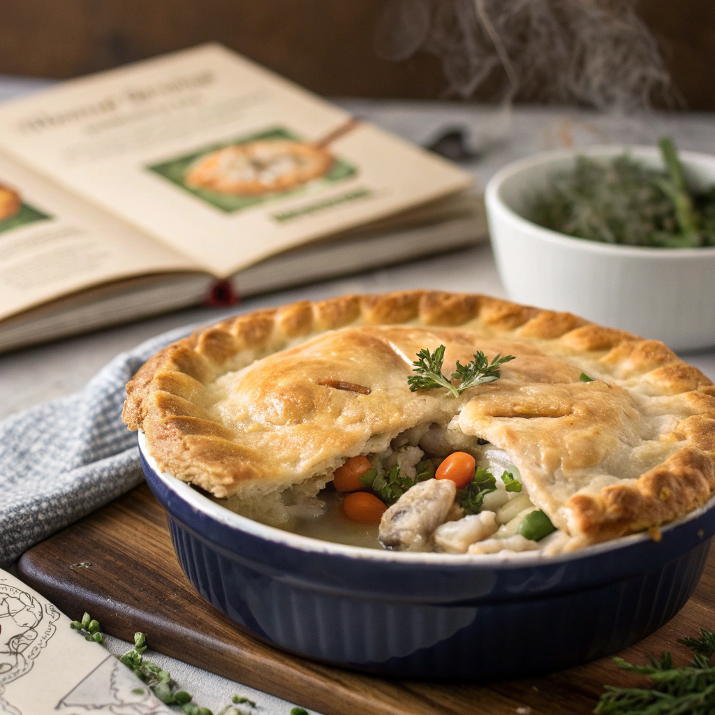 "Golden, flaky chicken pot pie with creamy filling and vegetables"