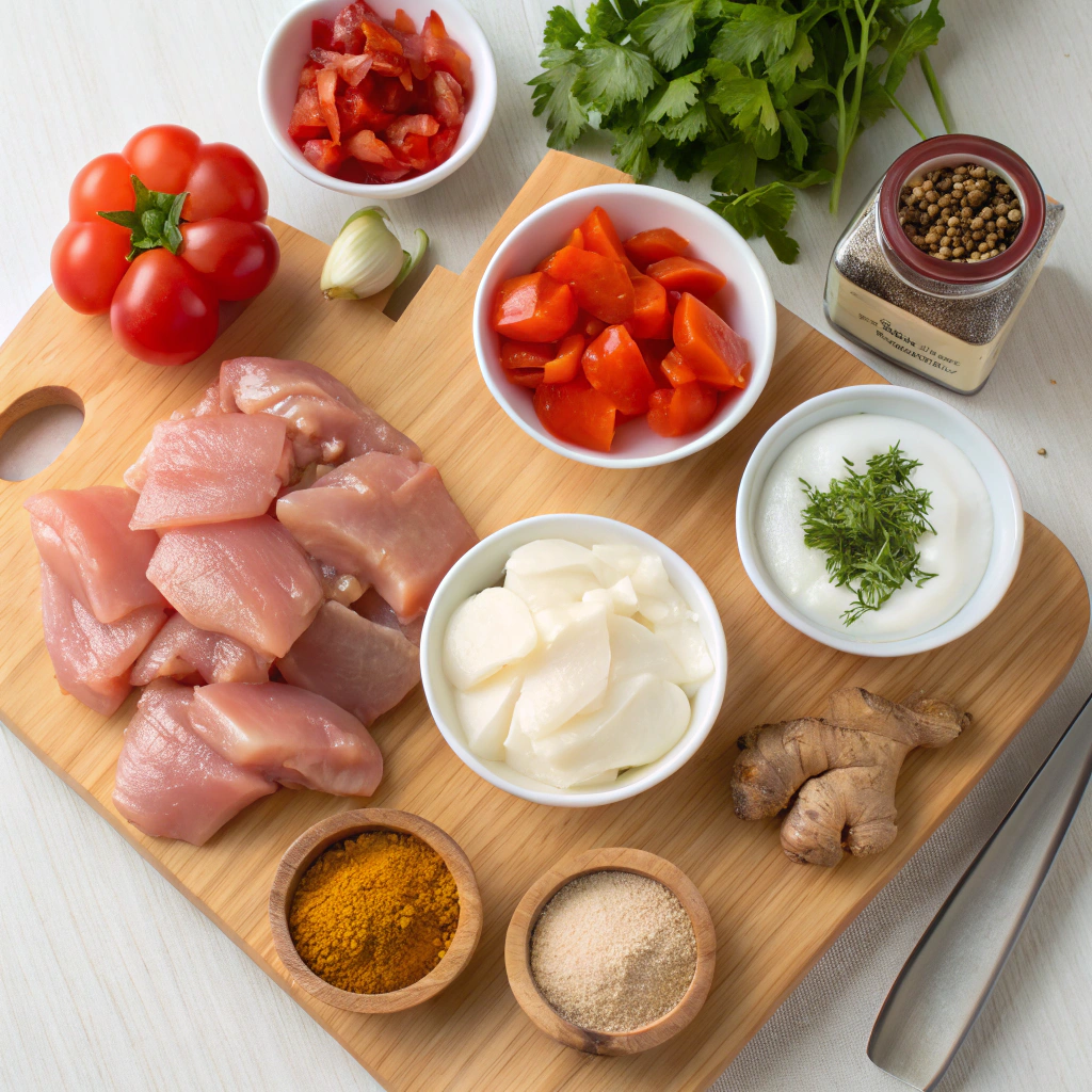 Assortment of ingredients including chicken, vegetables, spices, and yogurt for Chicken Tikka Masala and roasted vegetables