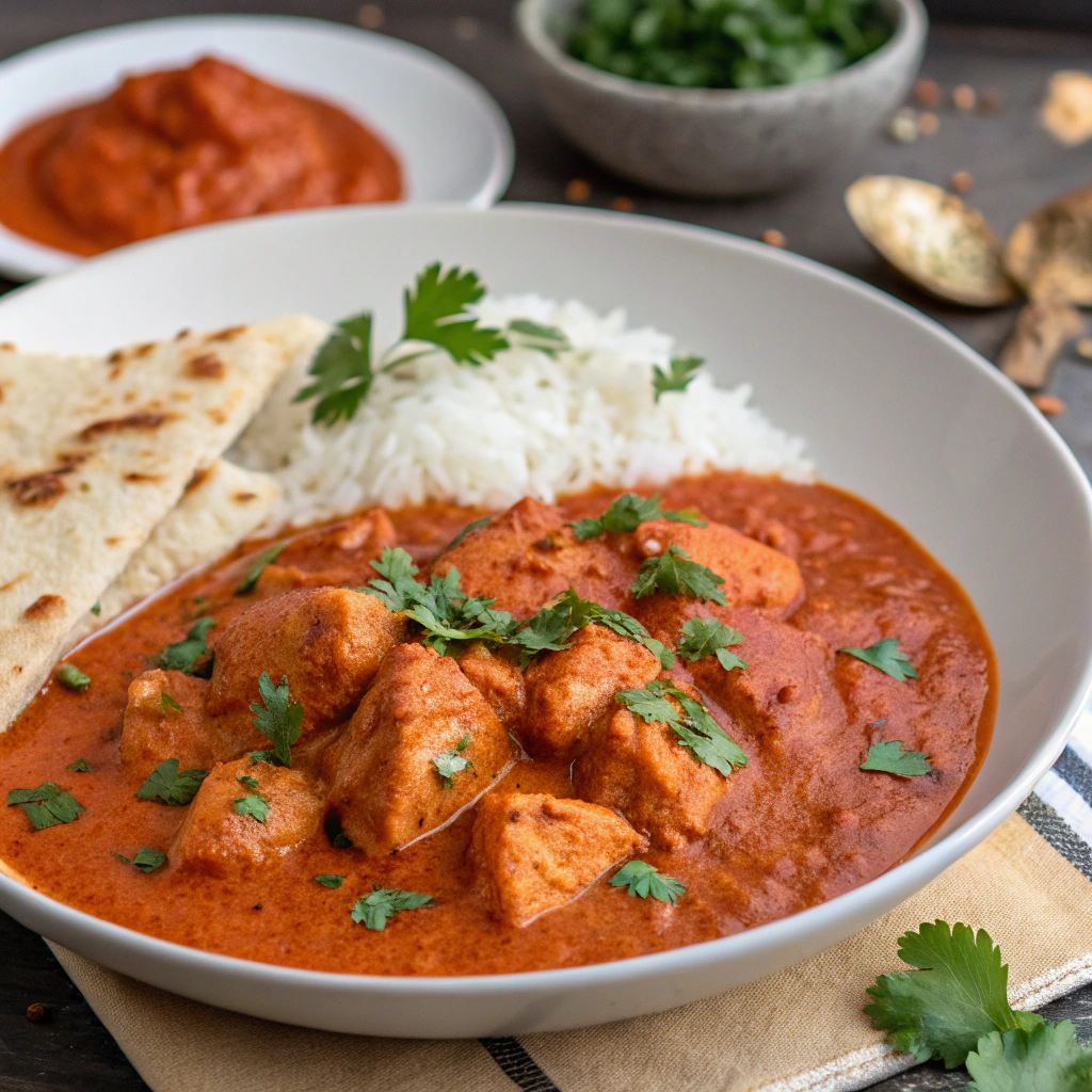 "A bowl of Chicken Tikka Masala with naan bread and rice, a rich and flavorful Indian dish."