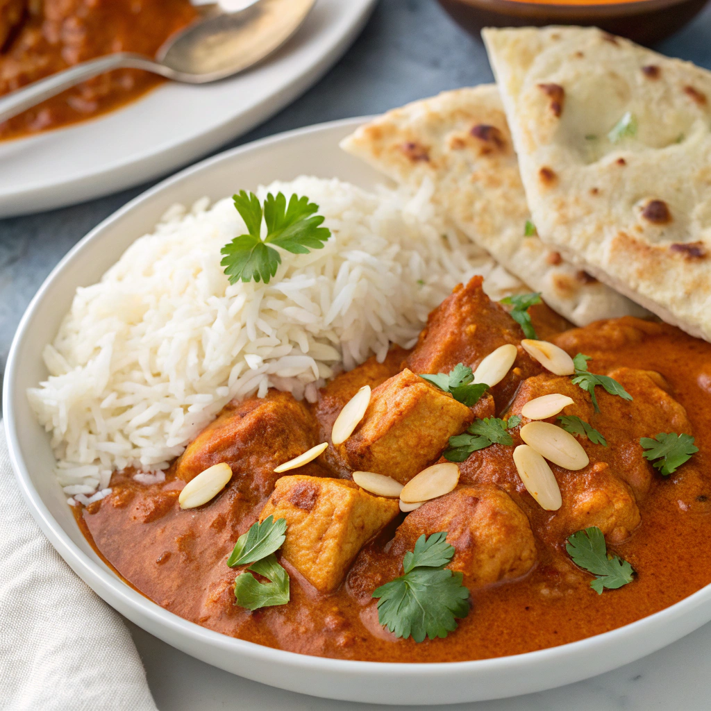 "A bowl of Chicken Tikka Masala with naan bread and rice, a rich and flavorful Indian dish."