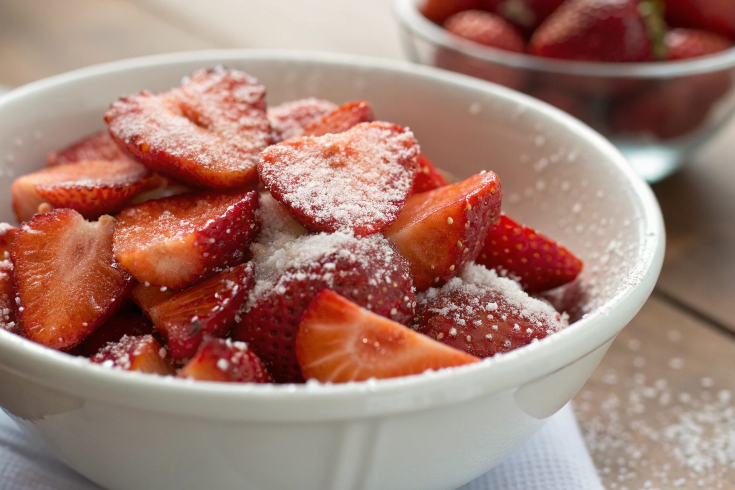 Close-up of sliced strawberries in a bowl, coated with sugar and releasing juice, ready for assembling strawberry shortcake.