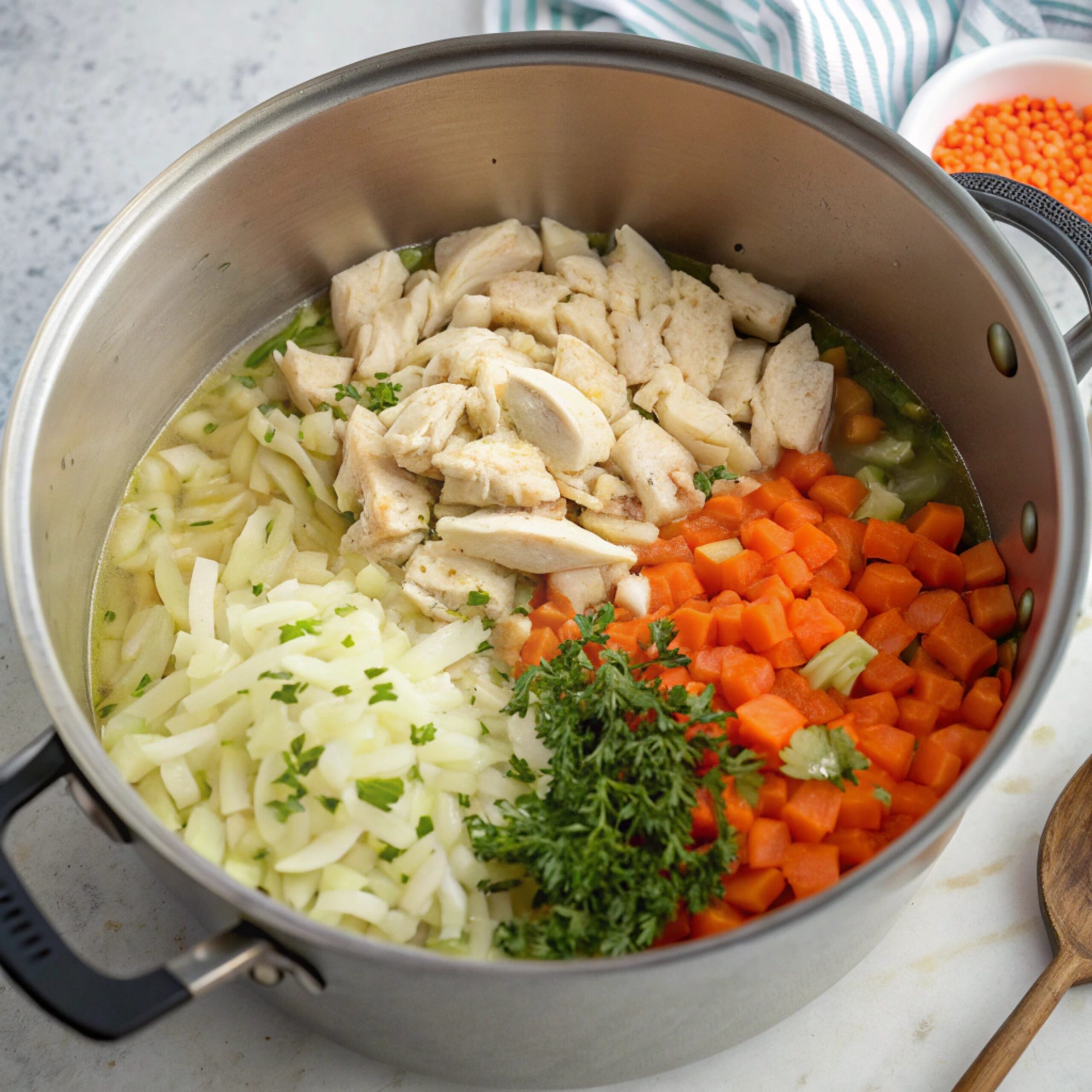 Step-by-step images showing the process of making homemade chicken noodle soup, including cooking chicken, sautéing vegetables, adding broth, combining ingredients, cooking noodles, and serving.