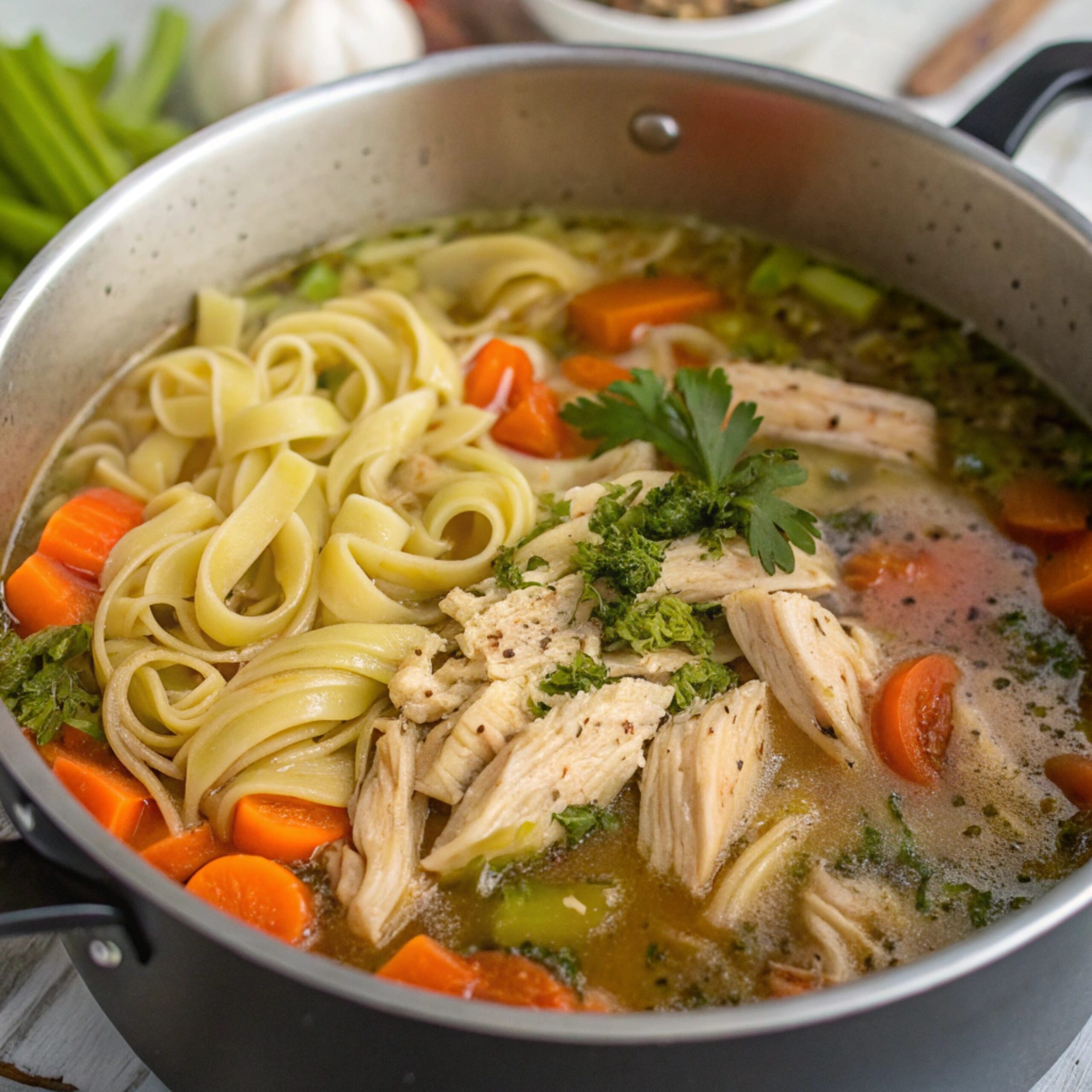 Close-up of a steaming bowl of chicken noodle soup with visible pieces of chicken, carrots, and noodles, garnished with fresh herbs.
