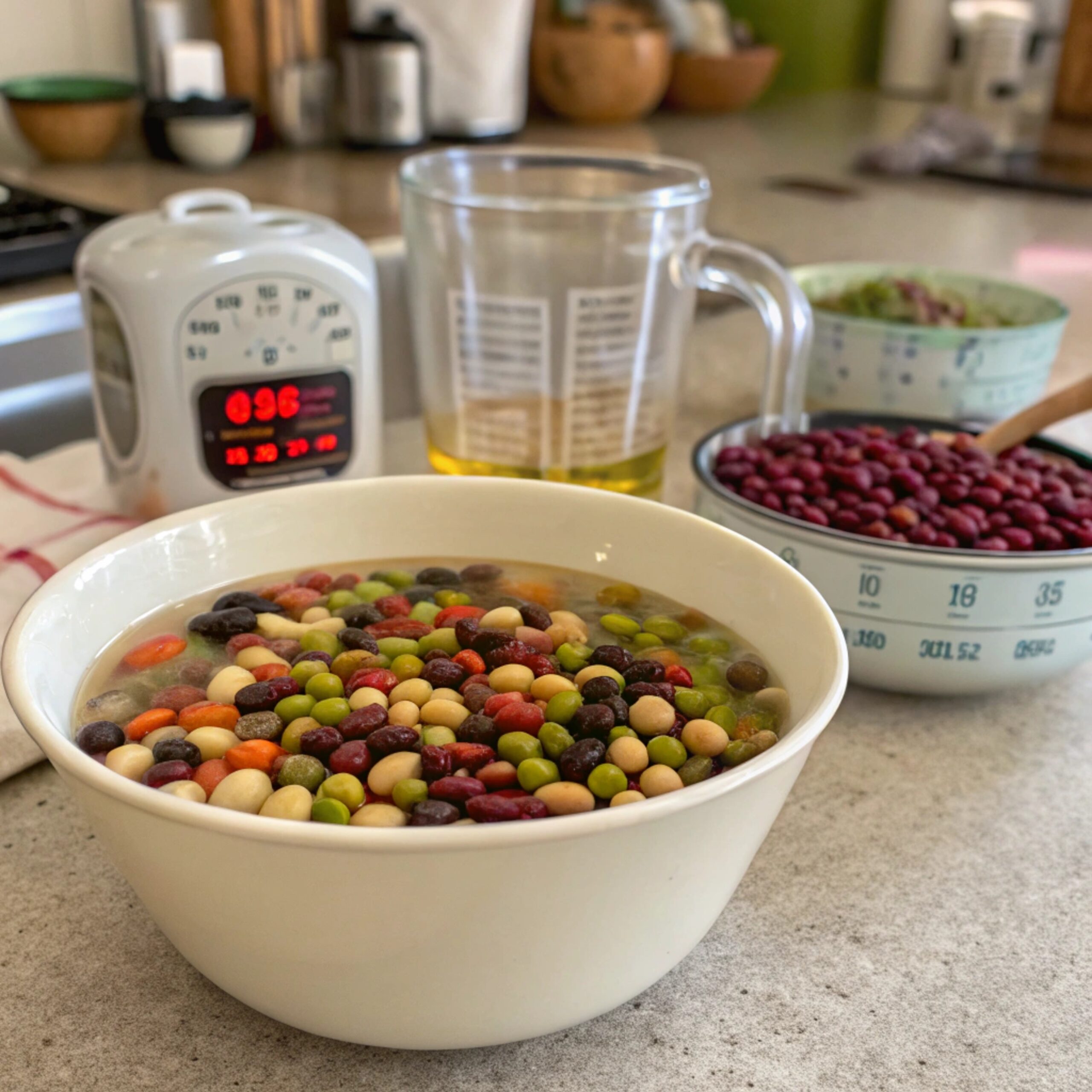 Dried beans soaking in water overnight in a large bowl