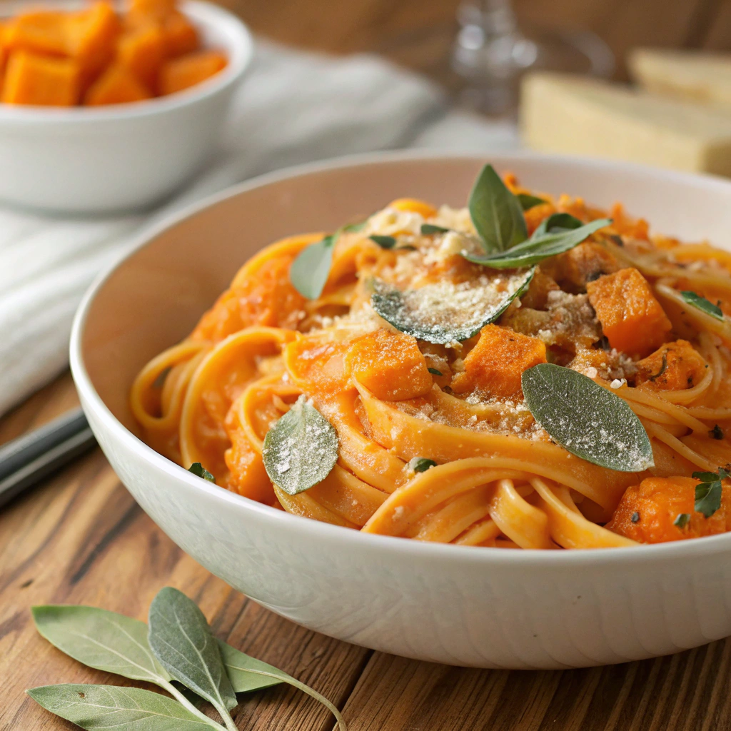 A bowl of creamy roasted butternut squash pasta topped with fresh sage leaves, grated Parmesan, and a sprinkle of black pepper.