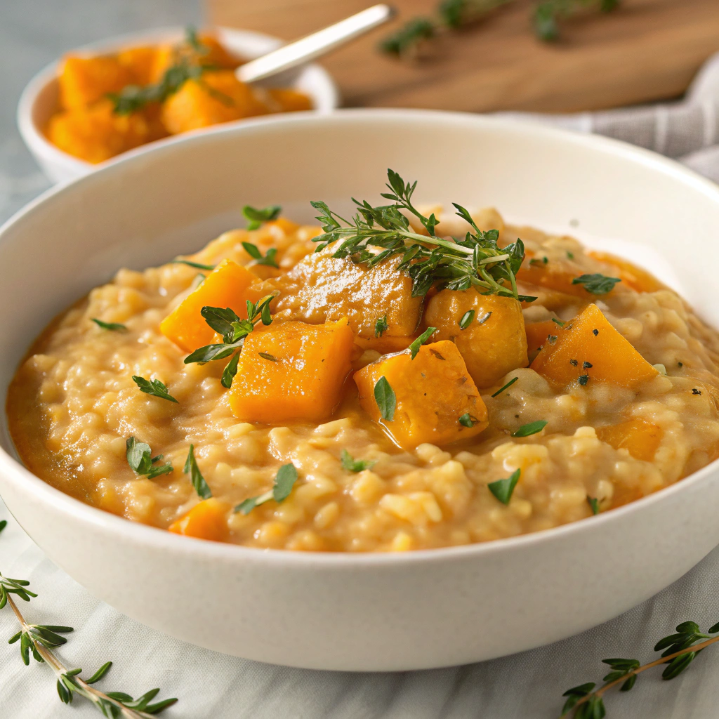Creamy butternut squash risotto garnished with fresh herbs and grated cheese.
