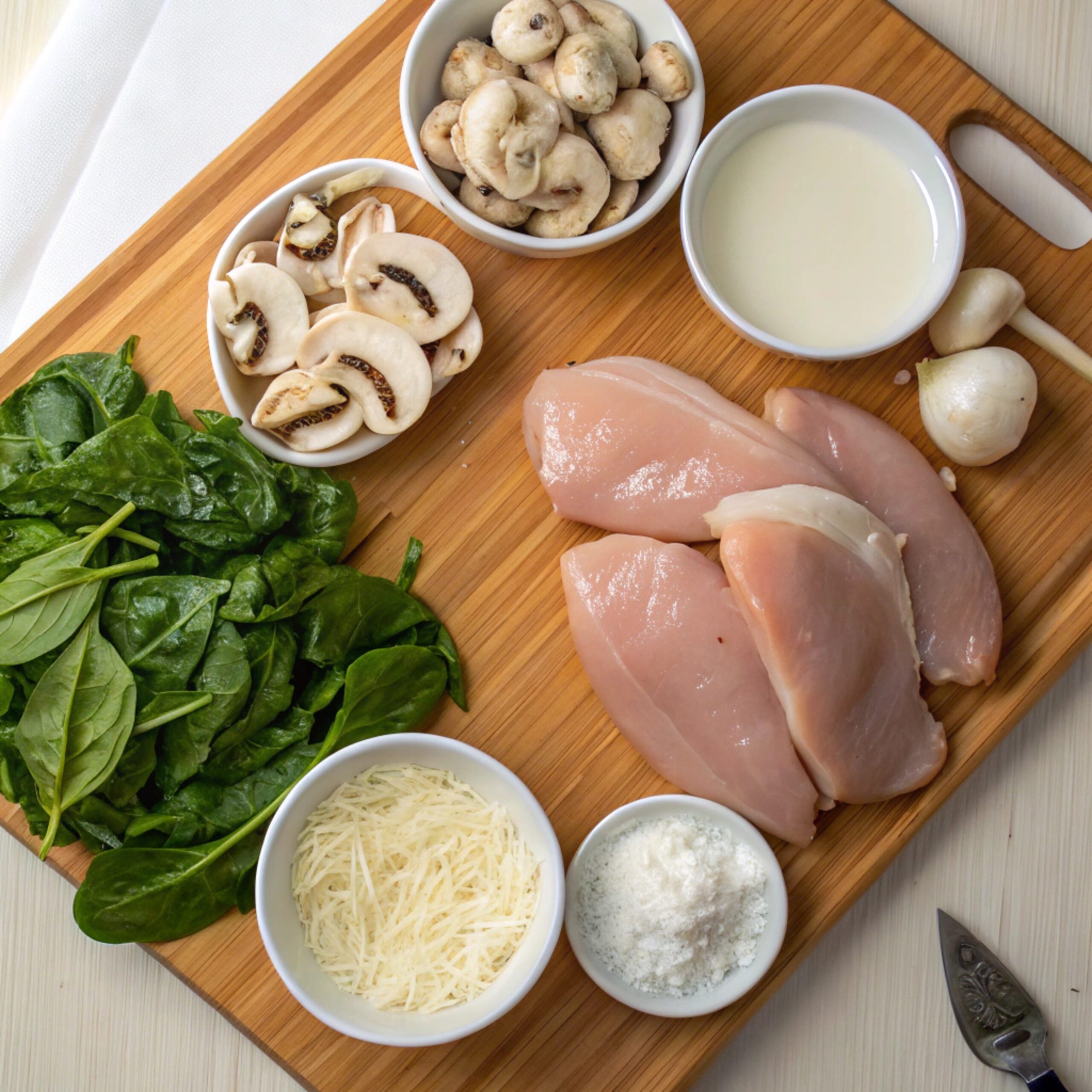 Array of fresh ingredients including chicken breasts, garlic, sun-dried tomatoes, spinach, Parmesan cheese, heavy cream, olive oil, and herbs displayed on a countertop.