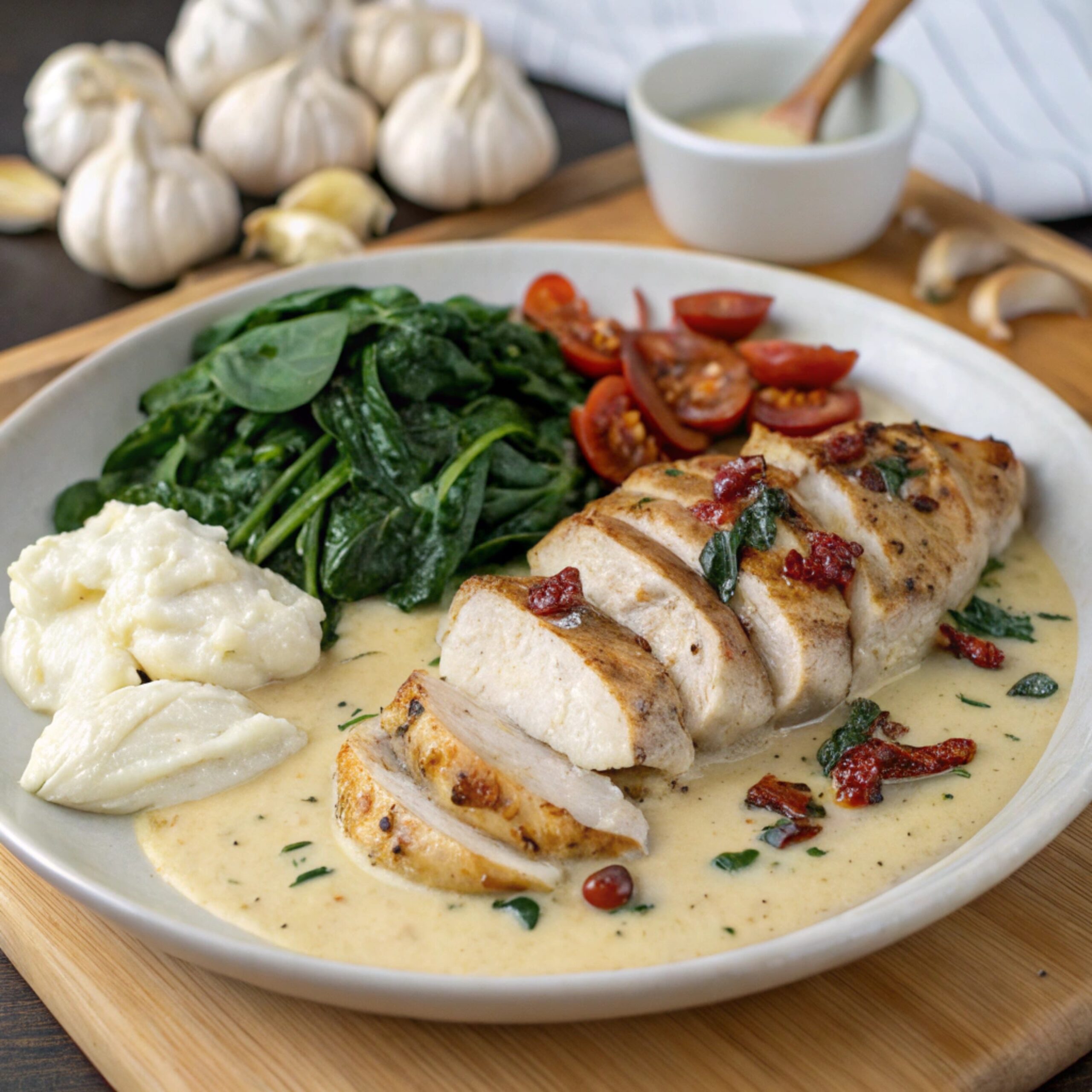 Savory Tuscan Chicken breasts topped with creamy sauce, sun-dried tomatoes, and wilted spinach, plated and ready to serve.