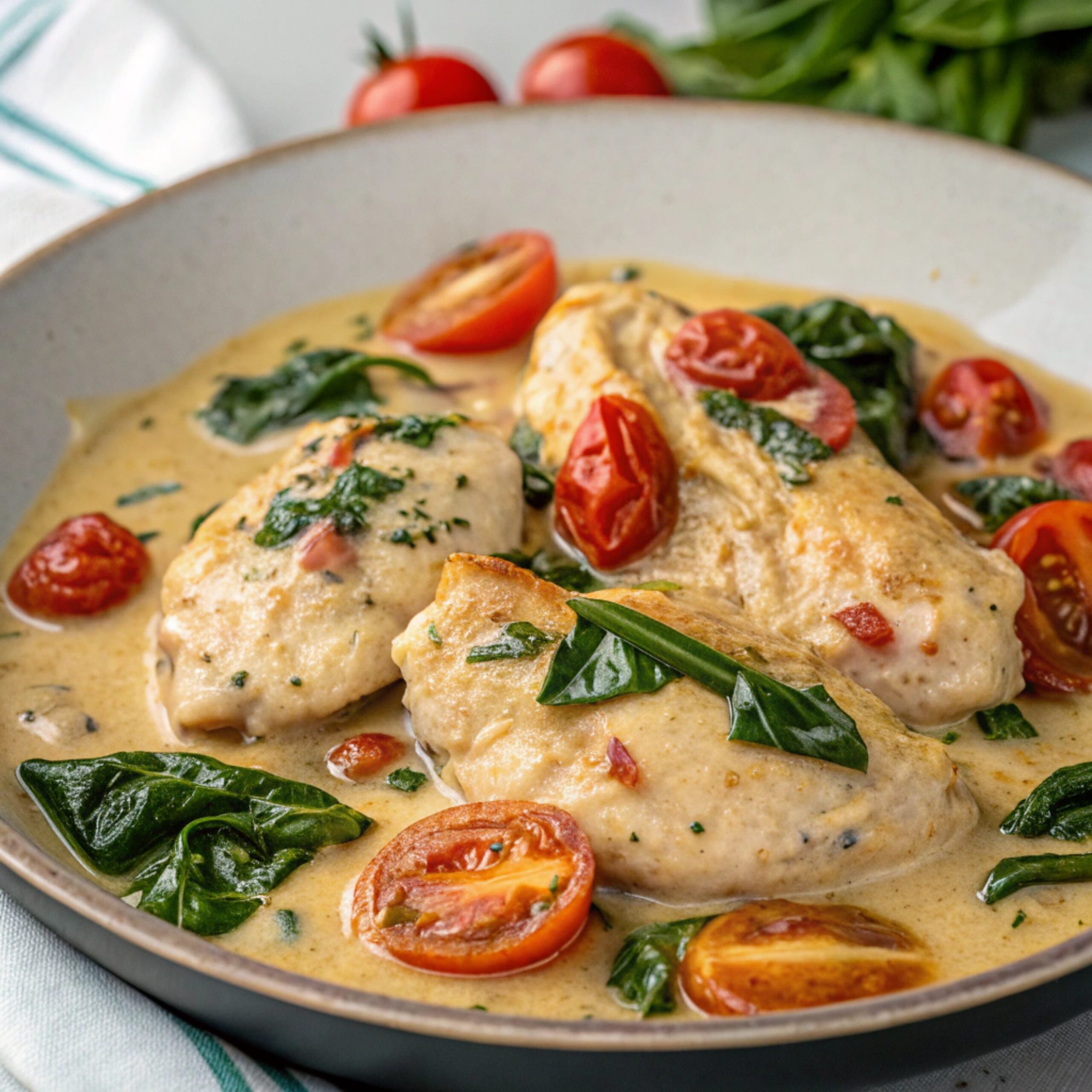 Juicy, golden-brown Tuscan Chicken breasts topped with creamy sauce and garnished with fresh herbs.