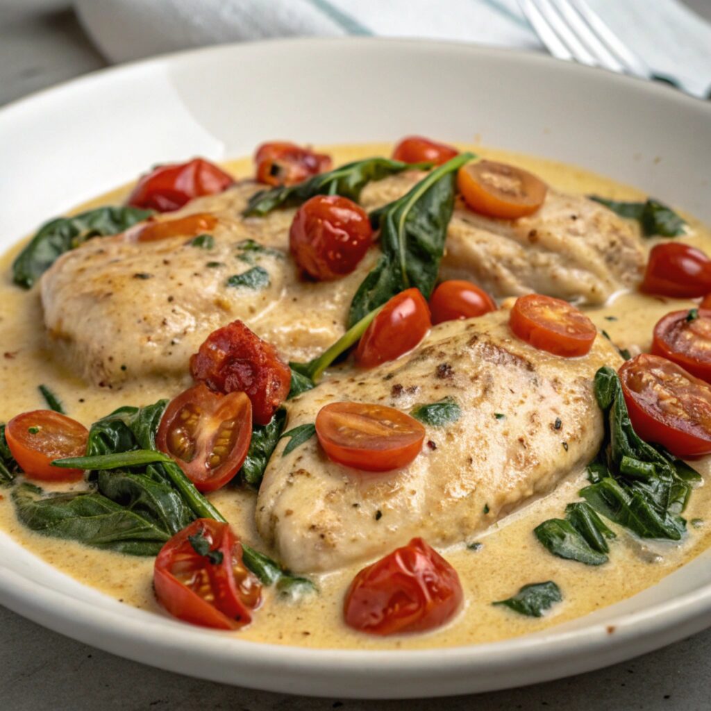 Juicy pan-seared chicken in a creamy garlic parmesan sauce with sun-dried tomatoes and spinach – the best Creamy Tuscan Chicken Recipe!