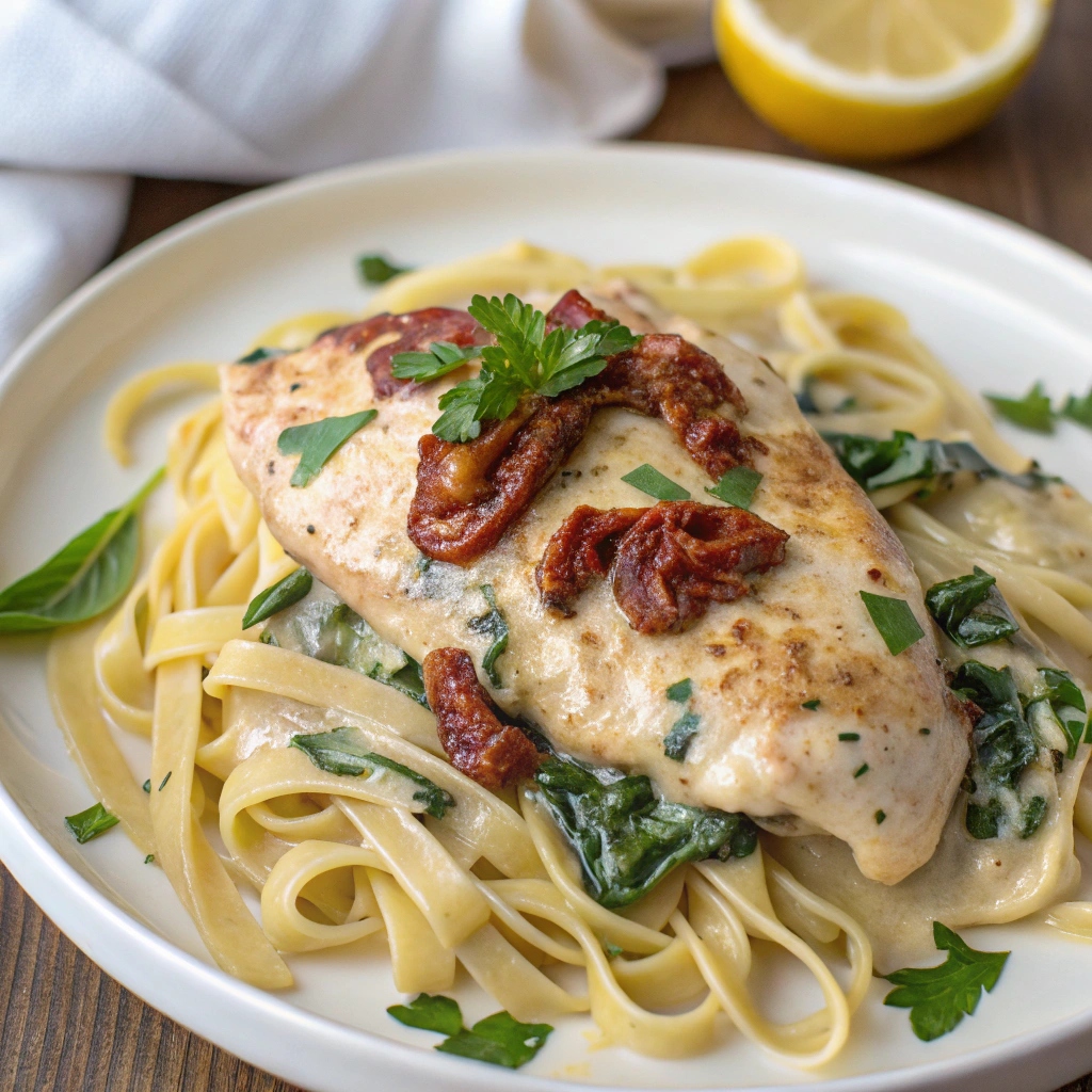 Creamy Tuscan Chicken served over a bed of cooked pasta, garnished with fresh herbs.