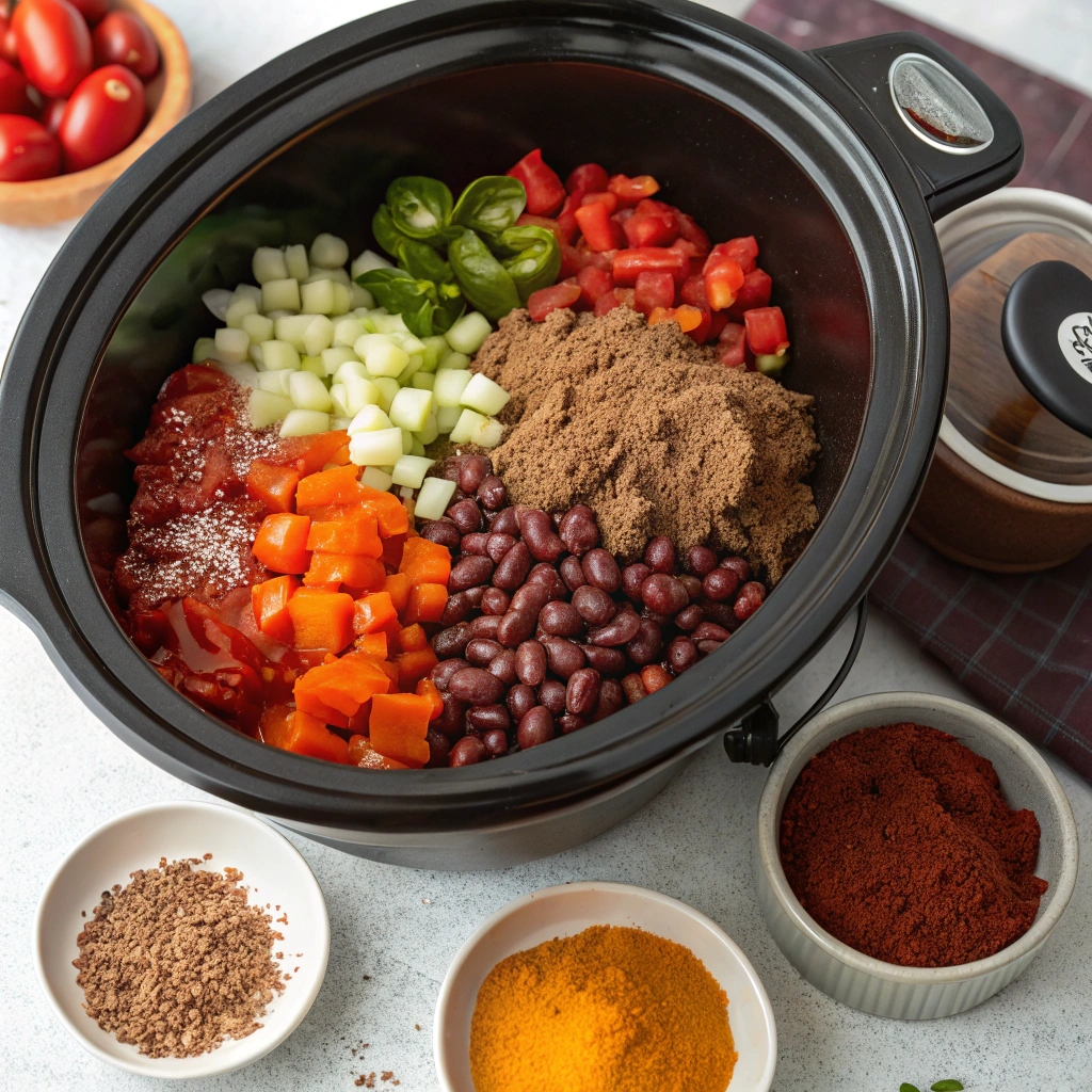 Arrangement of fresh ingredients for Crockpot Chili, including beans, diced tomatoes, ground meat, onions, garlic, and spices.