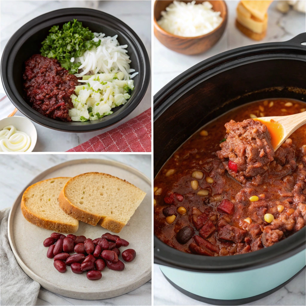 Preparation steps for Crockpot Chili including chopped ingredients, simmering chili, and serving bread with kidney beans.