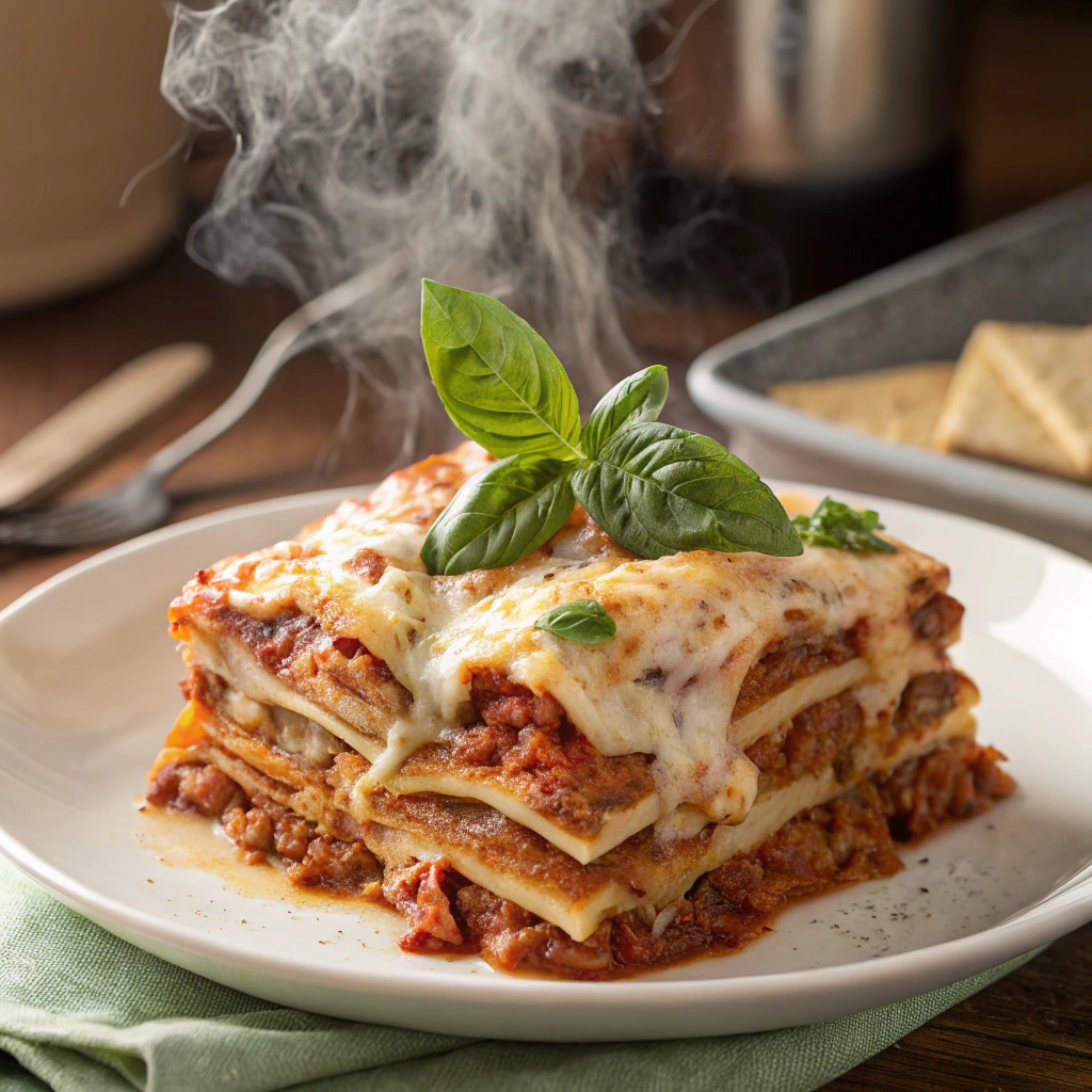 Delicious layers of easy lasagna Recipe with meat, cheese, and marinara sauce.