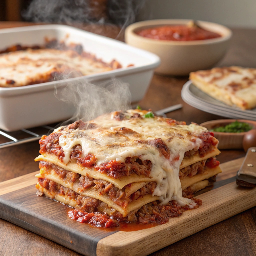 Delicious layers of easy lasagna with meat, cheese, and marinara sauce.